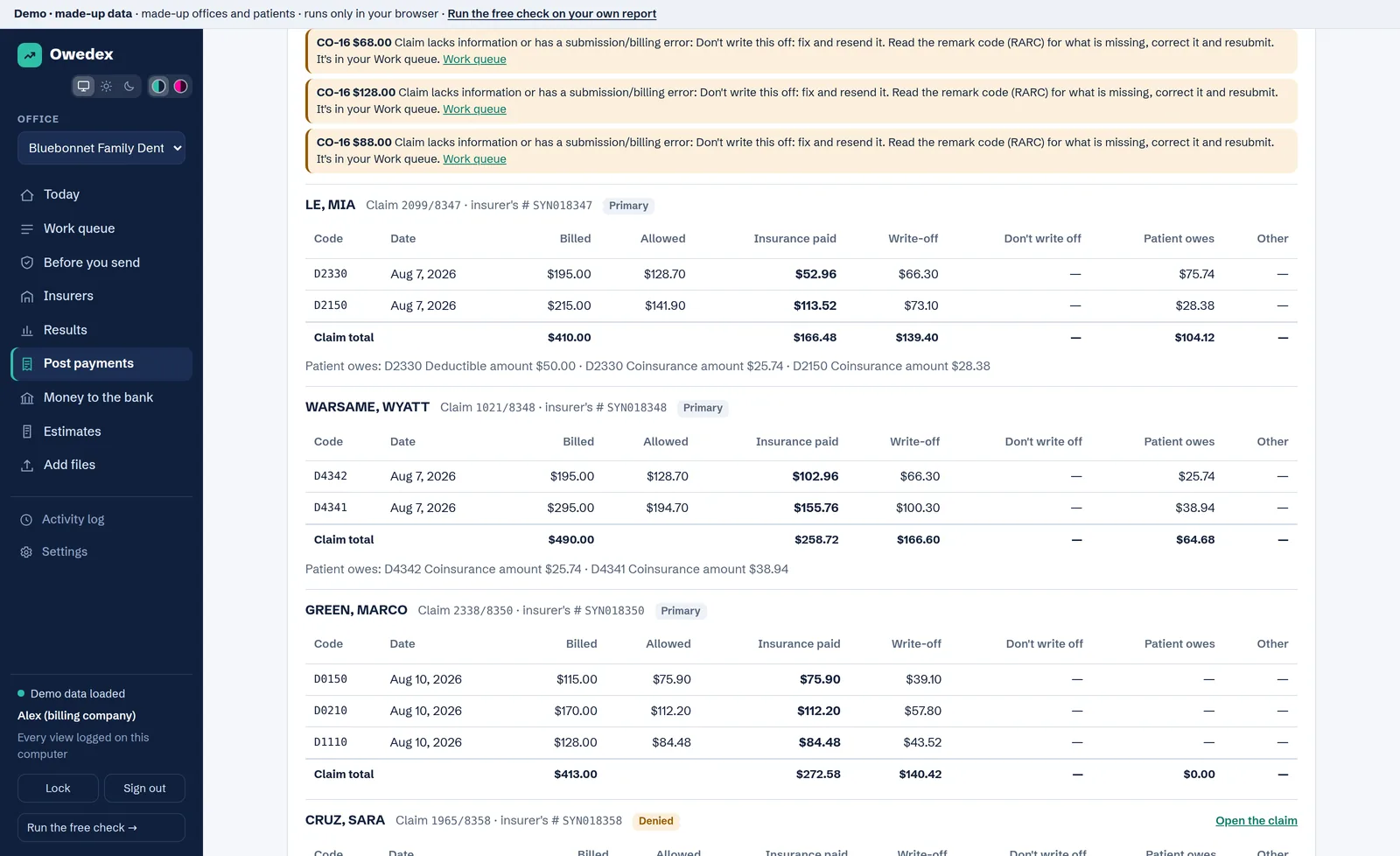 Owedex Post payments on a made-up office: CO-16 amounts marked Don't write this off, fix and resend, then each claim's billed, allowed, insurance paid, write-off, don't write off and patient owes