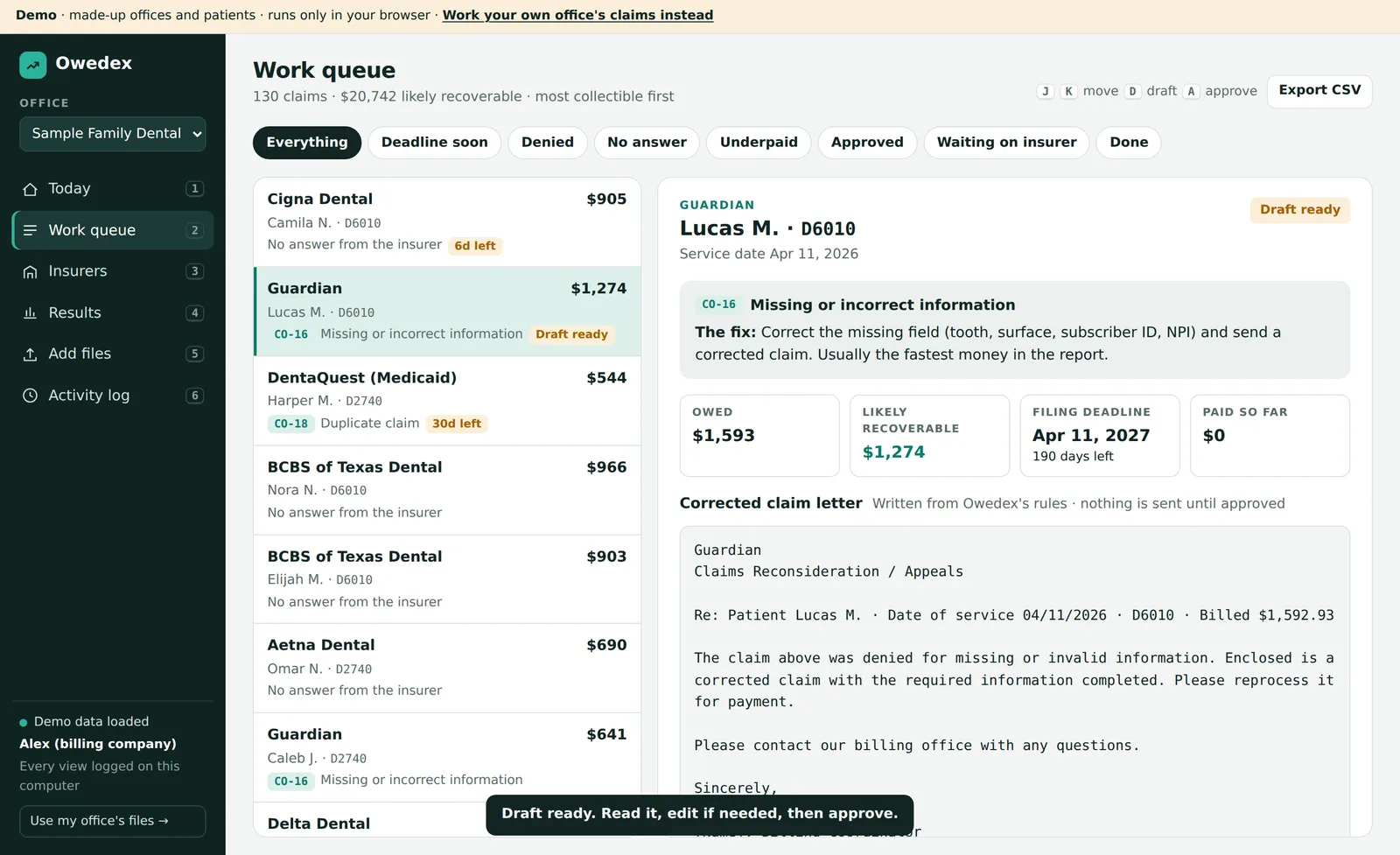Owedex work queue with a claim open, its denial reason, the fix and a drafted letter