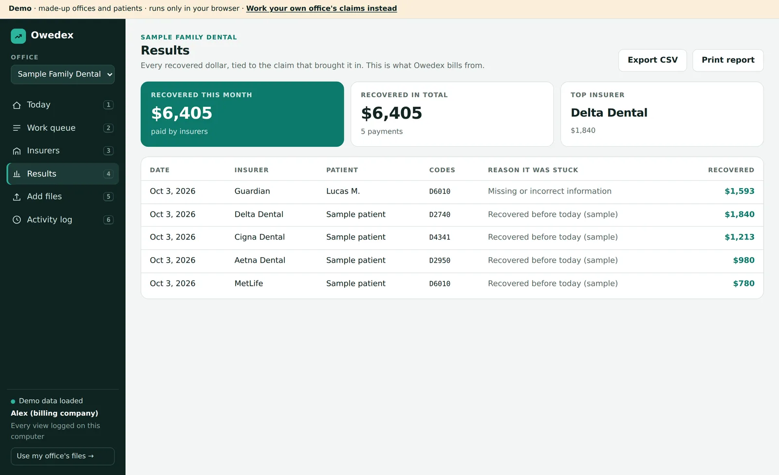 Owedex results: recovered this month and a ledger of every recovered payment